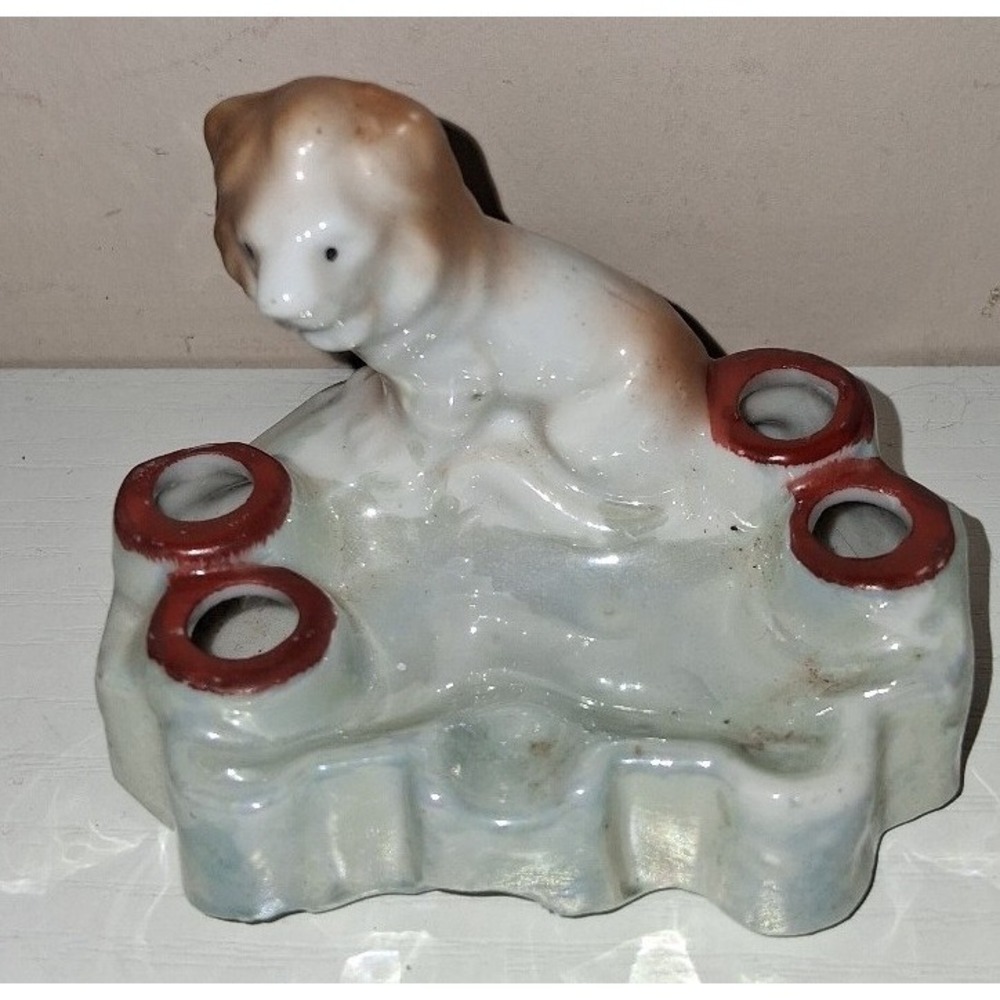 Vintage Made in Japan Lion Cub lusterware ashtray and cigarette holder